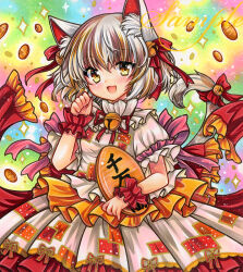 Rule 34 | :d, adapted costume, animal ear fluff, animal ears, bell, cat ears, cat girl, cat tail, coin, cowboy shot, dress, fang, frilled dress, frills, gold, goutokuji mike, hair bell, hair ornament, hair ribbon, holding, holding coin, jingle bell, koban (gold), looking at viewer, marker (medium), multicolored background, multicolored hair, neck bell, neck ribbon, open mouth, patch, paw pose, pink ribbon, puffy short sleeves, puffy sleeves, red ribbon, ribbon, rui (sugar3), sample watermark, short hair, short sleeves, smile, standing, streaked hair, tail, tail bell, tail ornament, tail raised, tail ribbon, touhou, traditional media, watermark, white dress, white hair, wrist cuffs, yellow eyes