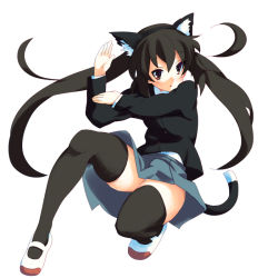 Rule 34 | 00s, 1girl, animal ears, black hair, brown eyes, cat ears, cat girl, cat tail, female focus, full body, k-on!, nakano azusa, panties, pantyshot, school uniform, shoes, simple background, solo, sora to umi, stance, tail, thighhighs, twintails, underwear, uwabaki, white background
