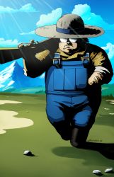 Rule 34 | 1boy, black footwear, blouse, blue overalls, blue sky, boots, cigarette, cloud, cloudy sky, collared shirt, commentary, day, dragon ball, dragon ball z dokkan battle, dragonball z, english commentary, eyes visible through eyewear, facial hair, farmer, farmer (dragon ball), glasses, gun, hand in pocket, hat, highres, holding, holding gun, holding weapon, looking at viewer, male focus, mountain, mustache, official style, over shoulder, overalls, paradox gr, parted lips, pebble, plaid, plaid shirt, rifle, shading, shirt, signature, sky, sleeves rolled up, solo, straw hat, sunlight, walking, weapon, weapon over shoulder, wing collar, yellow shirt