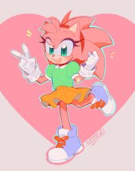 Rule 34 | 1girl, absurdres, amy rose, animal ears, animal nose, aqua eyes, artist name, blush, boots, border, bow, clenched hand, collared shirt, eyelashes, footwear bow, full body, furry, furry female, gloves, green shirt, grey border, hairband, hands up, heart, hedgehog ears, hedgehog girl, highres, leg up, looking at viewer, miniskirt, open mouth, orange bow, orange skirt, outside border, pink background, pink footwear, pink fur, puffy short sleeves, puffy sleeves, red hairband, shadow, shirt, short sleeves, skirt, smile, solo, sonic (series), sonic the hedgehog (classic), standing, standing on one leg, teeth, two-tone footwear, v, white footwear, white gloves, xammyoowah