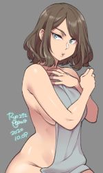 Rule 34 | 1girl, 2020, agawa ryou, blue eyes, breasts, brown hair, commentary, covering privates, dated, grey background, large breasts, long hair, looking to the side, naked towel, nude cover, original, parted lips, signature, simple background, solo, swept bangs, thighs, towel