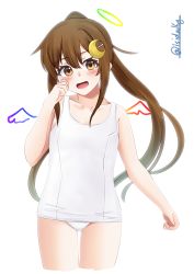 Rule 34 | 1girl, angel, brown eyes, brown hair, cowboy shot, crescent, crescent hair ornament, flat chest, fumizuki (kancolle), hair ornament, halo, highres, ishida arata, kantai collection, long hair, looking at viewer, one-piece swimsuit, ponytail, school swimsuit, simple background, solo, swimsuit, white background, white one-piece swimsuit, wings