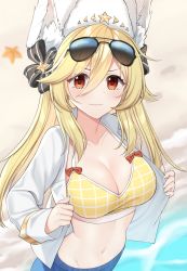 Rule 34 | 1girl, alternate breast size, animal ears, beach, bikini, bikini top only, bikini under clothes, black bow, blonde hair, bow, bow swimsuit, breasts, cleavage, commentary, english commentary, eyewear on head, fake animal ears, fur hat, girls&#039; frontline, gold trim, hair between eyes, hat, hat bow, highres, large breasts, light blush, light smile, long hair, long sleeves, looking at viewer, mod3 (girls&#039; frontline), nagant revolver (girls&#039; frontline), nagant revolver (mod3) (girls&#039; frontline), navel, open clothes, open shirt, red bow, red eyes, rynzfrancis, sand, shirt, sidelocks, solo, starfish, sunglasses, swimsuit, swimsuit under clothes, undressing, ushanka, water, white shirt, yellow bikini