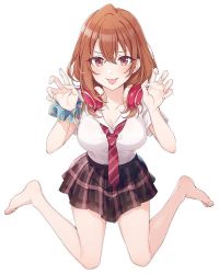 Rule 34 | 1girl, bare legs, barefoot, breasts, brown hair, brown skirt, claw pose, cleavage, collarbone, collared shirt, commentary request, hands up, headphones, headphones around neck, kohinata iroha (imouuzai), large breasts, long hair, looking at viewer, miniskirt, necktie, plaid, plaid skirt, pleated skirt, red eyes, red necktie, school uniform, scrunchie, shirt, shirt tucked in, short sleeves, simple background, sitting, skirt, solo, striped necktie, striped neckwear, tomari (veryberry00), tomodachi no imouto ga ore ni dake uzai, tongue, tongue out, v-shaped eyebrows, wariza, white background, white shirt, wrist scrunchie