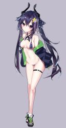 Rule 34 | 1girl, bare shoulders, bikini, black bikini, black footwear, black jacket, black ribbon, blush, breasts, closed mouth, collarbone, commentary request, curled horns, ear piercing, full body, grey background, groin, hair between eyes, hair ornament, hair ribbon, harenchi, highres, horns, jacket, long hair, looking at viewer, lowleg, medium breasts, navel, off shoulder, open clothes, open jacket, original, piercing, pointy ears, polka dot, polka dot bikini, polka dot ribbon, purple hair, red eyes, ribbon, shoes, simple background, skindentation, sleeves past wrists, solo, standing, star (symbol), star hair ornament, swimsuit, thigh strap, twintails, very long hair