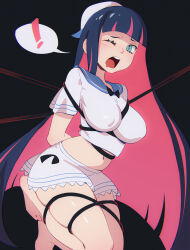 Rule 34 | !, 1girl, blue eyes, blue hair, blunt bangs, bound, bow, breasts, colored inner hair, dnaitari, hat, highres, large breasts, long hair, multicolored hair, panty &amp; stocking with garterbelt, pink hair, rope, sailor, sailor hat, shibari, shibari over clothes, skirt, solo, stocking (psg), striped, thighhighs, two-tone hair