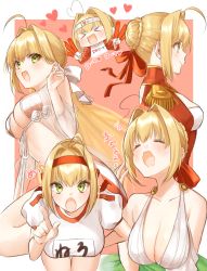 Rule 34 | 1girl, ahoge, bikini, blonde hair, blouse, blush, border, braid, breasts, buruma, cleavage, criss-cross halter, dress, epaulettes, fate/extra, fate/grand order, fate (series), french braid, glowstick, gown, green eyes, gym shirt, gym uniform, hair between eyes, hair bun, hair intakes, hair ribbon, hairband, halterneck, headband, heart, heart ahoge, heroic spirit formal dress, highres, index finger raised, large breasts, leaning forward, long hair, looking at viewer, multiple views, name tag, nero claudius (fate), nero claudius (fate) (all), nero claudius (fate/extra), nero claudius (formal dress) (fate), nero claudius (olympian bloomers) (fate), nero claudius (swimsuit caster) (fate), nero claudius (swimsuit caster) (third ascension) (fate), o-ring, official alternate costume, pink background, red bikini, red buruma, red dress, red headband, red ribbon, ribbon, see-through, shirt, short sleeves, side-tie bikini bottom, single hair bun, smile, squeans, striped bikini, striped clothes, swimsuit, thighs, wavy mouth, white border, white dress, white ribbon, white shirt, yawning, yayoi maka
