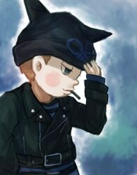 Rule 34 | 1boy, animal ear headwear, animal ears, arms on knees, beanie, black footwear, black hat, black jacket, black pants, black sleeves, blood, blue pants, blush stickers, boots, brown hair, cat ears, chain, chiimako, covered mouth, crossed arms, cuffs, curled up, danganronpa (series), danganronpa v3: killing harmony, fake animal ears, fingernails, from side, full body, grey background, grey eyes, half-closed eyes, hat, hoshi ryoma, jacket, knees up, leather, leather jacket, long sleeves, male focus, pants, pink blood, short hair, simple background, solo, striped clothes, striped pants, tearing up, two-tone background, two-tone pants, very short hair