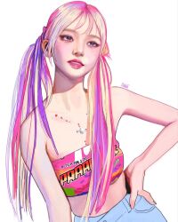Rule 34 | 1girl, aespa, artist name, bare shoulders, blonde hair, blue shorts, collarbone, hair behind ear, hand on own hip, head tilt, highres, jewelry, k-pop, karina (aespa), korean commentary, leaning to the side, long hair, low twintails, making-of available, mmmagli, mole, mole under eye, mole under mouth, multicolored hair, necklace, parted lips, pink hair, pink tube top, purple eyes, purple hair, real life, realistic, shorts, solo, spicy (aespa), streaked hair, tube top, twintails, upper body, very long hair, white background