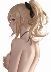 Rule 34 | 1girl, back, bad id, bad pixiv id, black bow, black choker, blonde hair, blue eyes, blush, bow, breasts, choker, closed mouth, commentary request, completely nude, covering privates, covering breasts, from behind, genshin impact, hair bow, highres, jean (genshin impact), looking at viewer, looking back, medium breasts, mixed-language commentary, nude, selcky, short hair, short ponytail, sideboob, sidelocks, sideways mouth, simple background, solo, upper body, white background