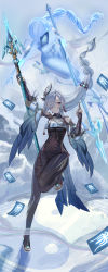 Rule 34 | 1girl, absurdres, arm up, bodysuit, breasts, full body, genshin impact, grey hair, hand up, highres, holding, holding polearm, holding weapon, large breasts, long hair, looking at viewer, polearm, shenhe (genshin impact), silvertsuki, solo, thighs, weapon