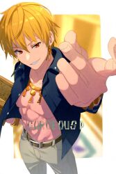 Rule 34 | 1boy, abs, belt, belt buckle, blonde hair, blue shirt, brown belt, buckle, buttons, collarbone, commentary request, earrings, echo (circa), english text, fate/grand order, fate (series), gilgamesh, gilgamesh (caster) (fate), gilgamesh (establishment) (fate), gilgamesh (fate), grey pants, grin, hair between eyes, jewelry, long sleeves, looking at viewer, male focus, muscular, muscular male, necklace, open clothes, open shirt, pants, red eyes, shirt, short hair, smile, solo