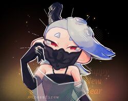 Rule 34 | 1girl, black background, black dress, black gloves, blue hair, brown background, commentary, dress, elbow gloves, english commentary, full body, gloves, happy new year, highres, jewelry, louwaldo, mask, medium hair, mouth mask, necklace, new year, nintendo, octoling, official alternate costume, red eyes, see-through shawl, shawl, shiver (splatoon), solo, splatoon (series), splatoon 3, strapless, strapless dress, tentacle hair, two-tone background