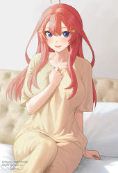 Rule 34 | 1girl, :d, ahoge, arm at side, artist name, bed sheet, blue eyes, blush, breasts, collarbone, go-toubun no hanayome, hair ornament, hand on own chest, highres, indoors, large breasts, long hair, looking at viewer, nakano itsuki, nhaliz, on bed, open mouth, pajamas, pillow, red hair, short sleeves, signature, sitting, smile, solo, star (symbol), star hair ornament, watermark, web address