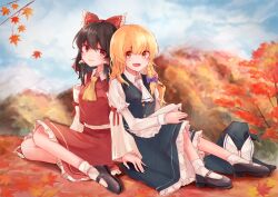 Rule 34 | 2girls, apron, ascot, autumn leaves, black footwear, black skirt, black vest, blonde hair, blush, bow, braid, brown eyes, brown hair, closed mouth, cloud, cloudy sky, commentary request, day, detached sleeves, frilled bow, frilled hair tubes, frills, hair bow, hair tubes, hakurei reimu, hat, hat bow, highres, kirisame marisa, leaf, leaning on person, long hair, long sleeves, maple leaf, mary janes, multiple girls, no headwear, open mouth, outdoors, red bow, red skirt, shoes, side braid, single braid, sitting, skirt, skirt set, sky, smile, socks, taguno, touhou, unworn headwear, vest, waist apron, white ascot, white bow, white socks, witch hat, yellow ascot, yellow eyes