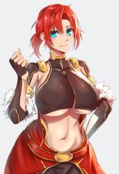 Rule 34 | 1girl, alexander (fate), alexander (fate) (cosplay), alternate costume, aqua eyes, boudica (fate), breasts, cosplay, fate/grand order, fate (series), highres, huge breasts, large breasts, looking at viewer, navel, red hair, sakazuki sudama, simple background, smile, solo, stomach, underboob, white background