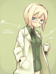 Rule 34 | 1girl, blonde hair, blue eyes, blush, bob cut, character name, cup, glasses, gradient background, kinosaki (green patio), lab coat, mug, open mouth, short hair, solo, strike witches, strike witches: suomus misfits squadron, ursula hartmann, world witches series
