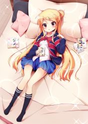 Rule 34 | 10s, 1girl, :o, absurdres, bassa, bed sheet, black eyes, blonde hair, blue socks, blush, bow, from above, hair ornament, hairclip, highres, hood, hoodie, kin-iro mosaic, kujou karen, long hair, looking at viewer, lying, manga (object), meta, on back, on bed, open mouth, pillow, school uniform, skirt, socks, solo, sparkle, striped clothes, striped socks, union jack, very long hair, x hair ornament