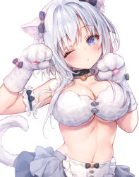 Rule 34 | 1girl, animal ear fluff, animal ears, animal hands, apron, arm garter, banned artist, black choker, blue eyes, blush, bra, breasts, cat ears, cat girl, cat tail, choker, cleavage, commentary, gloves, grey skirt, highres, konomi (kino konomi), large breasts, long hair, looking at viewer, one eye closed, original, parted lips, paw gloves, paw pose, silver hair, simple background, skirt, solo, stomach, tail, underwear, upper body, waist apron, white background, white bra