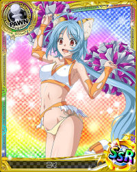 Rule 34 | 10s, 1girl, animal ears, antenna hair, artist request, blue hair, breasts, card (medium), cat ears, character name, cheerleader, chess piece, cleavage, crop top, covered erect nipples, fang, high school dxd, large breasts, li (high school dxd), long hair, midriff, navel, official art, panties, pawn (chess), pom pom (cheerleading), short hair, side-tie panties, skirt, solo, torn clothes, trading card, underwear, very long hair