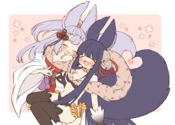 Rule 34 | 2girls, animal ears, bare arms, bare shoulders, bell, bikini, black bikini, black gloves, blue hair, blush, border, breasts, commentary, erune, eyelashes, closed eyes, feet out of frame, flower, fox ears, fox shadow puppet, fox tail, fur trim, gloves, granblue fantasy, hair bell, hair ornament, heart, heart tail, heart tail duo, highres, japanese clothes, k0bo43, long hair, long sleeves, medium breasts, midriff, multiple girls, open mouth, pink background, sideless outfit, silver hair, smile, societte (granblue fantasy), swimsuit, tail, thighhighs, very long hair, yuel (granblue fantasy)