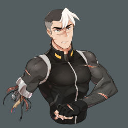 Rule 34 | 1boy, amputee, angry, black hair, bodysuit, clenched teeth, grey background, grey eyes, injury, male focus, multicolored hair, muscular, muscular male, pectorals, ponzu (beetle burner), scar, scar on face, short hair, skin tight, solo, sweat, takashi shirogane, teeth, torn clothes, two-tone hair, voltron: legendary defender, voltron (series), white hair