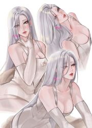 Rule 34 | 1girl, absurdres, breasts, cleavage, dress, earrings, facing viewer, genshin impact, gloves, grey eyes, highres, jewelry, large breasts, lart art1, long hair, looking at another, looking to the side, shenhe (genshin impact), solo, spaghetti strap, white background, white dress, white gloves, white hair