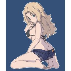 Rule 34 | 1girl, ass, back, barefoot, bikini, bikini under clothes, black bikini, blonde hair, blue background, blue eyes, blue shorts, blush, breasts, butt crack, covered erect nipples, cutoffs, denim, denim shorts, feet, finger to mouth, from behind, girls und panzer, halterneck, highres, huaronanago, kay (girls und panzer), kneeling, large breasts, light frown, long hair, looking at viewer, looking back, no shirt, outline, short shorts, shorts, sideboob, simple background, soles, solo, string bikini, swimsuit, toes, torn clothes, torn shorts, white outline