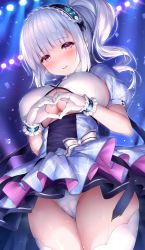 Rule 34 | 1girl, azur lane, blunt bangs, blush, breasts, clothing cutout, dido (azur lane), dido (muse) (azur lane), framed breasts, frills, gloves, headdress, heart, heart hands, highres, idol, large breasts, long hair, looking at viewer, oyuwari, panties, pantyshot, pink eyes, short sleeves, side ponytail, silver hair, solo, standing, sweat, thighhighs, thighs, underboob, underboob cutout, underwear, white gloves, white panties, white thighhighs