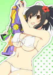 10s 1girl asuka_(senran_kagura) bikini black_hair breasts brown_eyes flower gun hair_flower hair_ornament hibiscus highres holding holding_gun holding_weapon large_breasts mero88 navel ponytail senran_kagura senran_kagura_peach_beach_splash smile swimsuit water_gun weapon white_bikini