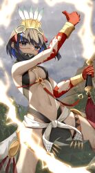 Rule 34 | 1girl, absurdres, bare shoulders, black hair, black skirt, blood, blood on hands, blue hair, bracer, breasts, colored inner hair, detached collar, electric whip, electricity, facepaint, fate/grand order, fate (series), feathers, grey eyes, grey sky, halterneck, headdress, high collar, highres, looking at viewer, multicolored hair, navel, pelvic curtain, rain, sash, short hair, sidelocks, skirt, sky, small breasts, solo, tassel, tenochtitlan (fate), tenochtitlan (first ascension) (fate), thighs, thumbs up, toukan, wet