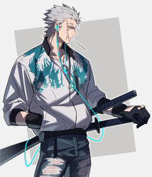 Rule 34 | 1boy, absurdres, black gloves, blue eyes, collared jacket, denim, dragon print, earbuds, earphones, facial scar, fate/grand order, fate (series), gloves, grey hair, hair slicked back, haruakira, highres, holding, jacket, jeans, long sleeves, male focus, mouth hold, nagakura shinpachi (fate), pants, partially unzipped, scar, scar on cheek, scar on face, shirt, short hair, stalk in mouth, sword, weapon, white jacket, white shirt, zipper, zipper pull tab
