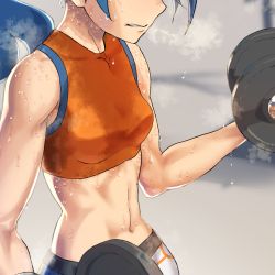 Rule 34 | 1girl, bare shoulders, battle girl (pokemon), blue hair, blurry, blurry background, breath, clenched teeth, close-up, commission, creatures (company), dripping, exercising, game freak, gym, highres, motion lines, navel, nervous sweating, nintendo, partially obscured, pokemon, pokemon oras, sports bra, sportswear, stained clothes, steam, stomach, sweat, sweaty clothes, teeth, training, translation request, trembling, upper body, very sweaty, weightlifting, weights, wet, wet clothes, yachi (fujiyasu0616)
