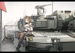 Rule 34 | 1girl, absurdres, assault rifle, belt, black footwear, black pantyhose, boots, bow, breasts, brown hair, city, cleavage, daewoo k2, girls&#039; frontline, grey eyes, gun, hair bow, hair ornament, highres, k2 (girls&#039; frontline), letterboxed, long hair, looking at viewer, lubikaya, medium breasts, military, military vehicle, mountainous horizon, navel, no bra, no pants, on vehicle, open clothes, outdoors, pantyhose, rifle, sitting, smile, solo, weapon