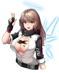 Rule 34 | 1girl, :d, arknights, belt, black belt, black gloves, breasts, brown hair, commentary request, cosplay, cropped torso, exusiai (arknights), exusiai (arknights) (cosplay), fingerless gloves, girls&#039; frontline, gloves, hair between eyes, halo, hand up, jacket, large breasts, long hair, looking at viewer, m37 (girls&#039; frontline), momera, open mouth, orange eyes, raglan sleeves, short sleeves, simple background, smile, solo, upper body, w, white background, white jacket