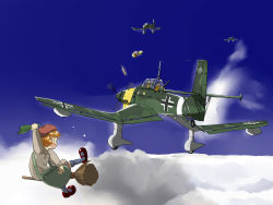 Rule 34 | 1girl, 2boys, aircraft, airplane, angry, bag, balkenkreuz, beret, bomber, bottle, broom, broom riding, brown hair, can, closed eyes, cloud, commentary, cross, day, flying, hat, inui (jt1116), iron cross, junkers ju 87, military, military vehicle, multiple boys, open mouth, original, short hair, sky, tears, throwing, vehicle focus, witch, world war ii