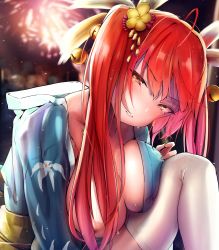 Rule 34 | 1girl, amamami prime, azur lane, bad id, bad pixiv id, black background, blue kimono, blush, breasts, brown eyes, fireworks, floral print, flower, hair flower, hair ornament, highres, honolulu (azur lane), honolulu (among the stalls) (azur lane), japanese clothes, kimono, large breasts, long hair, looking at viewer, nipples, one breast out, red eyes, red hair, sitting, solo, tearing up, thighhighs, twintails, very long hair, white thighhighs, yukata