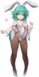 Rule 34 | 1girl, animal ears, bare shoulders, blush, breasts, brown pantyhose, closed mouth, collarbone, covered navel, fake animal ears, fingernails, full body, green hair, hair between eyes, hairband, heart, high heels, highres, karukan (monjya), leotard, long hair, off shoulder, open clothes, open vest, pantyhose, playboy bunny, rabbit ears, red eyes, shinrabanshou, shizuku (shinrabanshou), shoes, simple background, small breasts, smile, solo, standing, strapless, strapless leotard, very long hair, vest, white background, white footwear, white hairband, white leotard, white vest, wrist cuffs