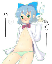 Rule 34 | + +, 1girl, bow, cirno, female focus, flat chest, green panties, hair ribbon, itou life, open clothes, open shirt, panties, ribbon, shirt, solo, sweat, embodiment of scarlet devil, touhou, underwear
