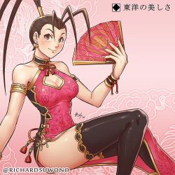 Rule 34 | 1girl, 2018, antenna hair, armlet, black choker, black hair, black thighhighs, bracer, breasts, brown eyes, china dress, chinese clothes, choker, cleavage, cleavage cutout, clothing cutout, commentary, dress, english commentary, folding fan, hand fan, high ponytail, holding, holding fan, ibuki (street fighter), invisible chair, large breasts, long dress, looking at viewer, nail polish, pelvic curtain, pink dress, richard suwono, side slit, signature, sitting, smile, solo, street fighter, thighhighs, twitter username