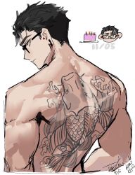 Rule 34 | 003 ssq, 1boy, back, back focus, back tattoo, bara, birthday, chibi, chibi inset, cropped torso, dated, from behind, glasses, highres, looking at viewer, looking back, male focus, muscular, muscular male, nude, original, short hair, solo, tattoo, thick eyebrows, unfinished