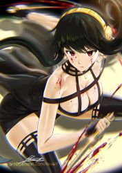 Rule 34 | 1girl, bare shoulders, black dress, black hair, black thighhighs, blood, blood on arm, blood on breasts, bloody weapon, breasts, cleavage, dagger, dress, earrings, fingerless gloves, flower, gloves, gold earrings, gold hairband, hair flower, hair ornament, hairband, highres, holding, holding dagger, holding knife, holding weapon, jewelry, knife, large breasts, long hair, looking at viewer, motion blur, red eyes, revenantart, rose, short hair with long locks, solo, spy x family, thighhighs, two-sided dress, two-sided fabric, weapon, yor briar