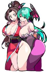 Rule 34 | 2girls, absurdres, bare shoulders, black leotard, breasts, brown hair, capcom, cleavage, crossover, demon girl, demon wings, enpe, fatal fury, female focus, fur trim, green eyes, green hair, head wings, highres, japanese clothes, large breasts, leotard, long hair, matching hair/eyes, morrigan aensland, multiple girls, pantyhose, pelvic curtain, pink nails, ponytail, purple pantyhose, revealing clothes, shiranui mai, snk, the king of fighters, thighs, vampire (game), white background, wings, yuri