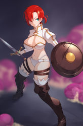 Rule 34 | 1girl, blue eyes, boudica (fate), breasts, cero320, fate/grand order, fate (series), highres, large breasts, navel, one eye closed, red hair, shield, sword, thighs, weapon
