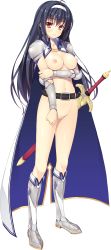 Rule 34 | 1girl, absurdres, aikawa tatsuki, armor, armored boots, belt, belt skirt, black hair, blush, boots, breasts, cape, censored, full body, grabbing own arm, hairband, highres, large breasts, long hair, looking at viewer, mosaic censoring, naked cape, navel, nipples, nude, puffy nipples, pussy, red eyes, rize mknest, ryuukishi bloody saga, sheath, sheathed, smile, solo, standing, sword, transparent background, weapon