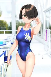 Rule 34 | 1girl, absurdres, black hair, blue one-piece swimsuit, blurry, blurry background, bob cut, breasts, commentary request, competition swimsuit, covered navel, cowboy shot, floral print, girls und panzer, green eyes, hair over one eye, highres, inverted bob, medium breasts, multicolored clothes, multicolored swimsuit, one-piece swimsuit, outdoors, poolside, short hair, solo, starting block, swimsuit, takafumi, vanilla (girls und panzer), variant set