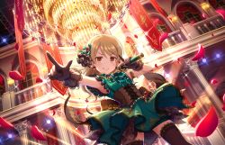 Rule 34 | 1girl, alternate hairstyle, banner, blonde hair, blush, breasts, brown eyes, chandelier, corset, curtains, dress, earrings, floral print, frills, gloves, green dress, hair ornament, idol, idolmaster, idolmaster cinderella girls, idolmaster cinderella girls starlight stage, indoors, jewelry, lace, lace-trimmed legwear, lace trim, light brown hair, long hair, looking at viewer, microphone, morikubo nono, necklace, petals, pointing, rose petals, rose print, sleeveless, sleeveless dress, small breasts, smile, solo, thighhighs, wavy mouth, window