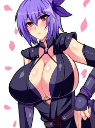 Rule 34 | 1girl, ayane (doa), breasts, cherry blossoms, cleavage, dead or alive, huge breasts, looking at viewer, nishida megane, purple hair, red eyes, short hair, sideboob, simple background, solo, white background