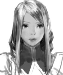 Rule 34 | 1girl, agrias oaks, armor, close-up, expressionless, final fantasy, final fantasy tactics, greyscale, long hair, looking afar, monochrome, sidelocks, solo, ueo (i ueo), upper body, white background