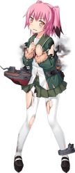 Rule 34 | 10s, 1girl, black hair, colored tips, fire, full body, green skirt, kantai collection, kunashiri (kancolle), multicolored hair, official art, orange eyes, pantyhose, pink hair, skirt, solo, torn clothes, torn pantyhose, transparent background, two side up, ugume